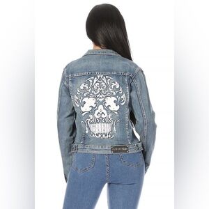 Platinum Plush Rhinestone Denim Jacket with Candy Skull Design